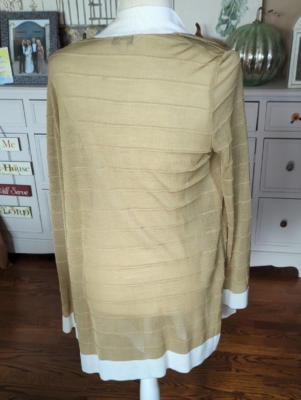 Misook Beige Long Cascade Knit Cardigan  White Trim Open-Front Old Money Sz S - Picture 4 of 8